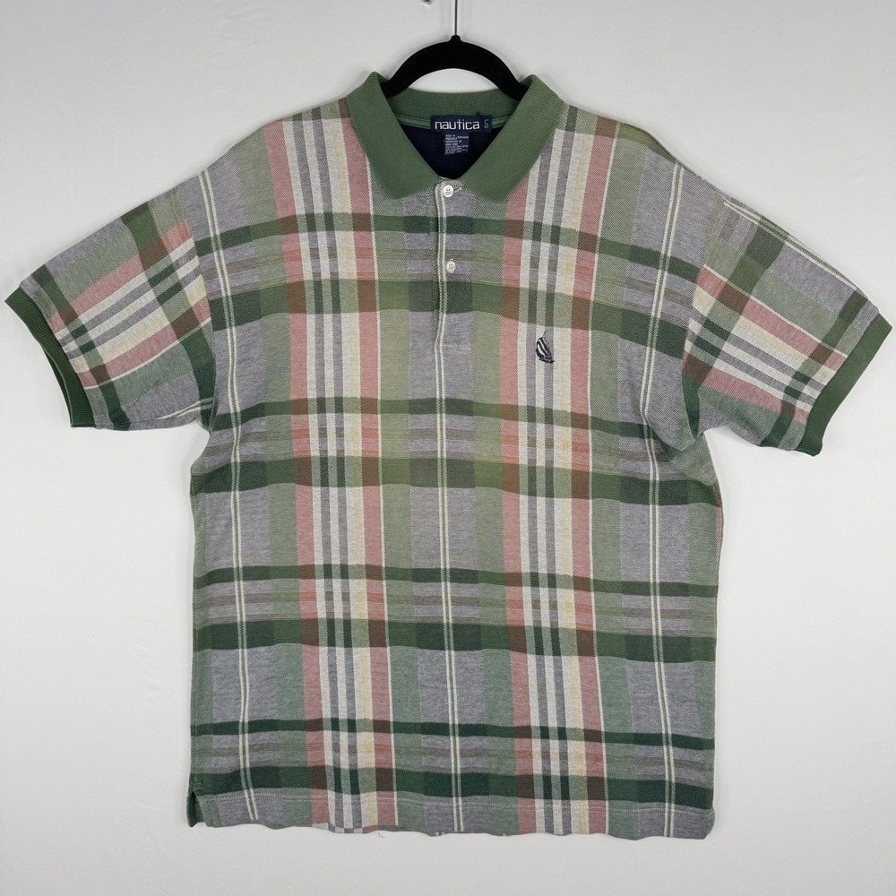 Nautica Polo Shirt Mens Grey/Green Plaid Short‎ Sleeve Sailboat Logo VTG  SZ-L